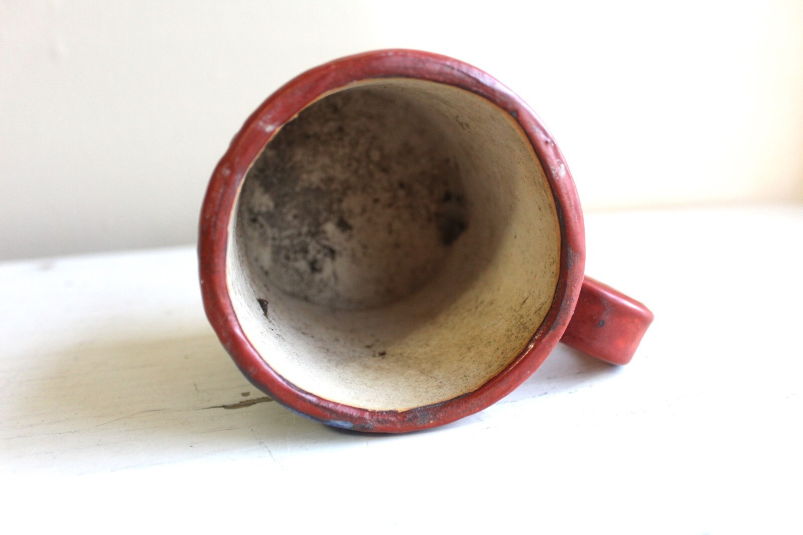 Student Made Wheel Thrown Mug Rust Blue Gold Coffee Tea Art Pottery Incised AJS