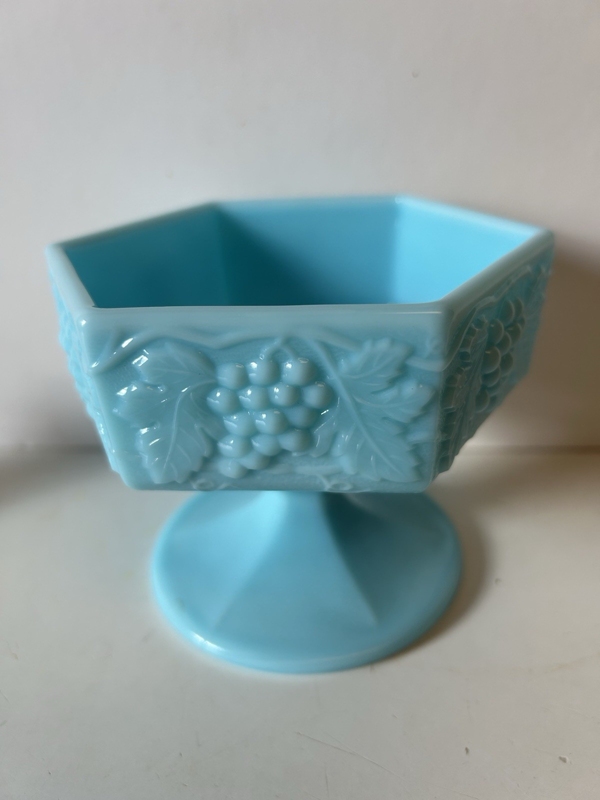 Imperial Blue Milk Glass Covered Compote Candy Dish Grape and Leaf Hexagon