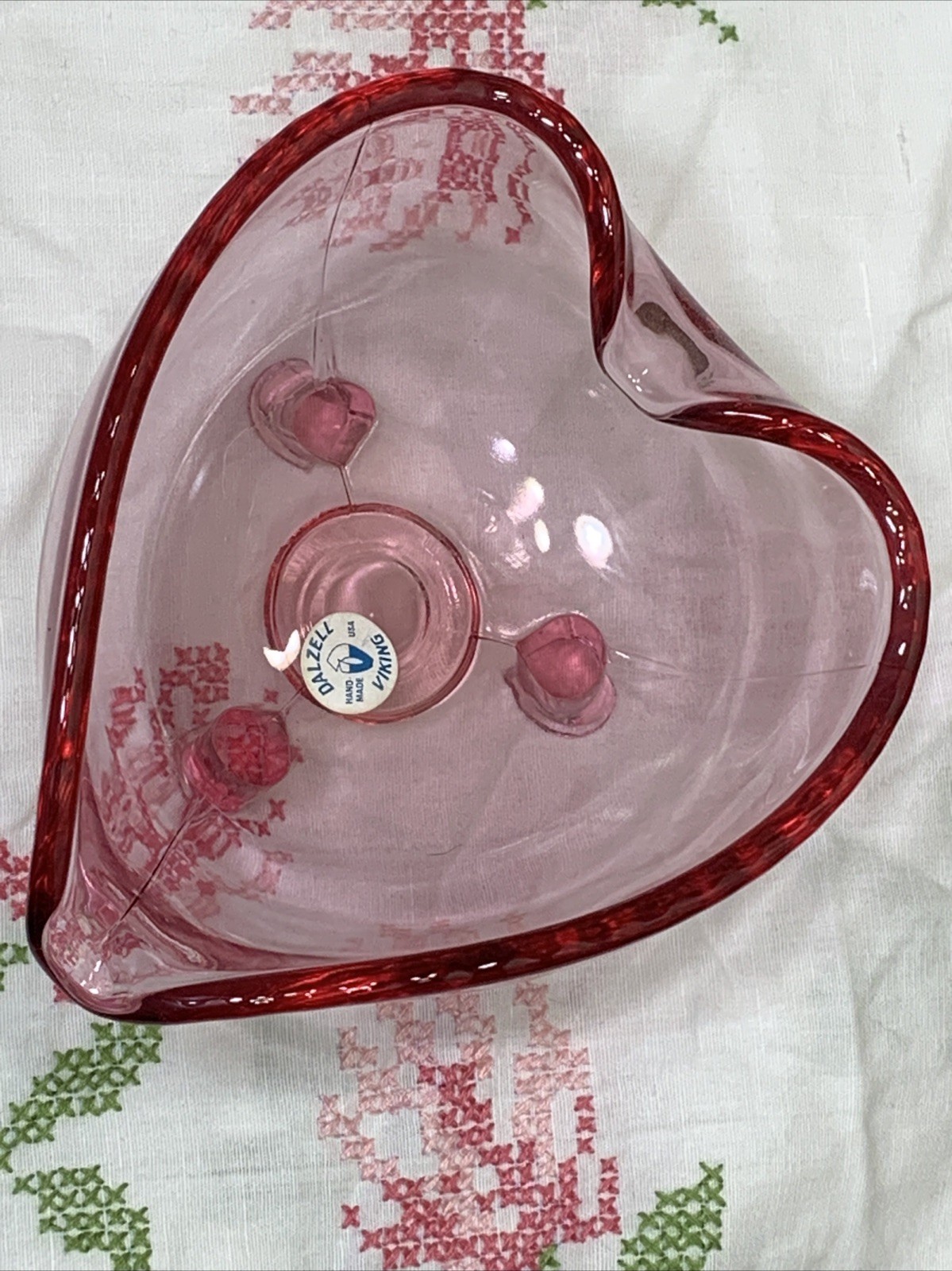 Viking Heart Shaped Glass Candy Trinket Dish Cranberry Pink 3 Foot Dalzell Line