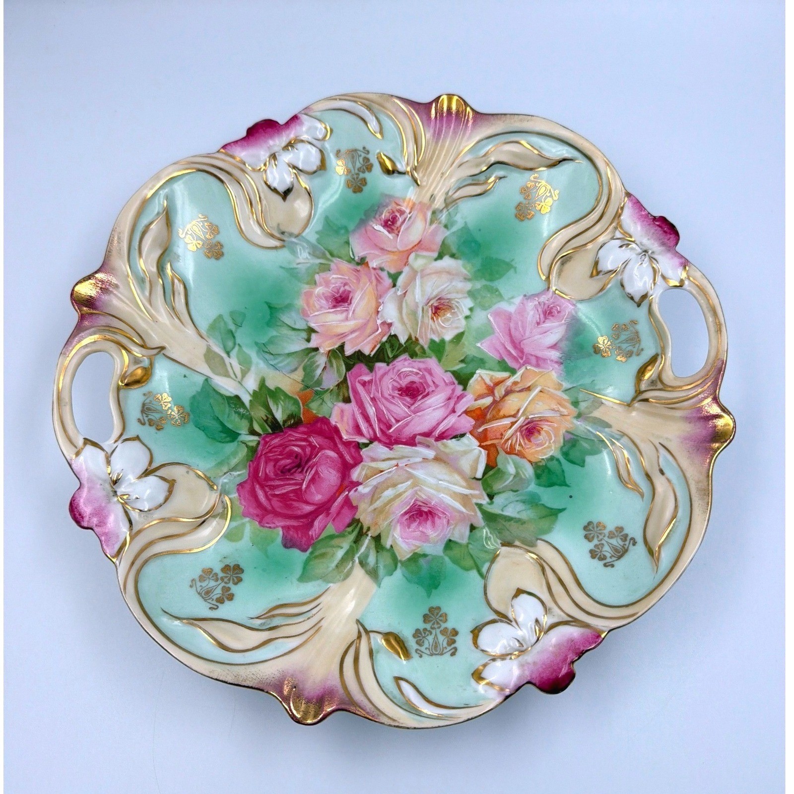 RS Prussia Style Antique Handled Porcelain Cake Rose Floral Gold Design 10″