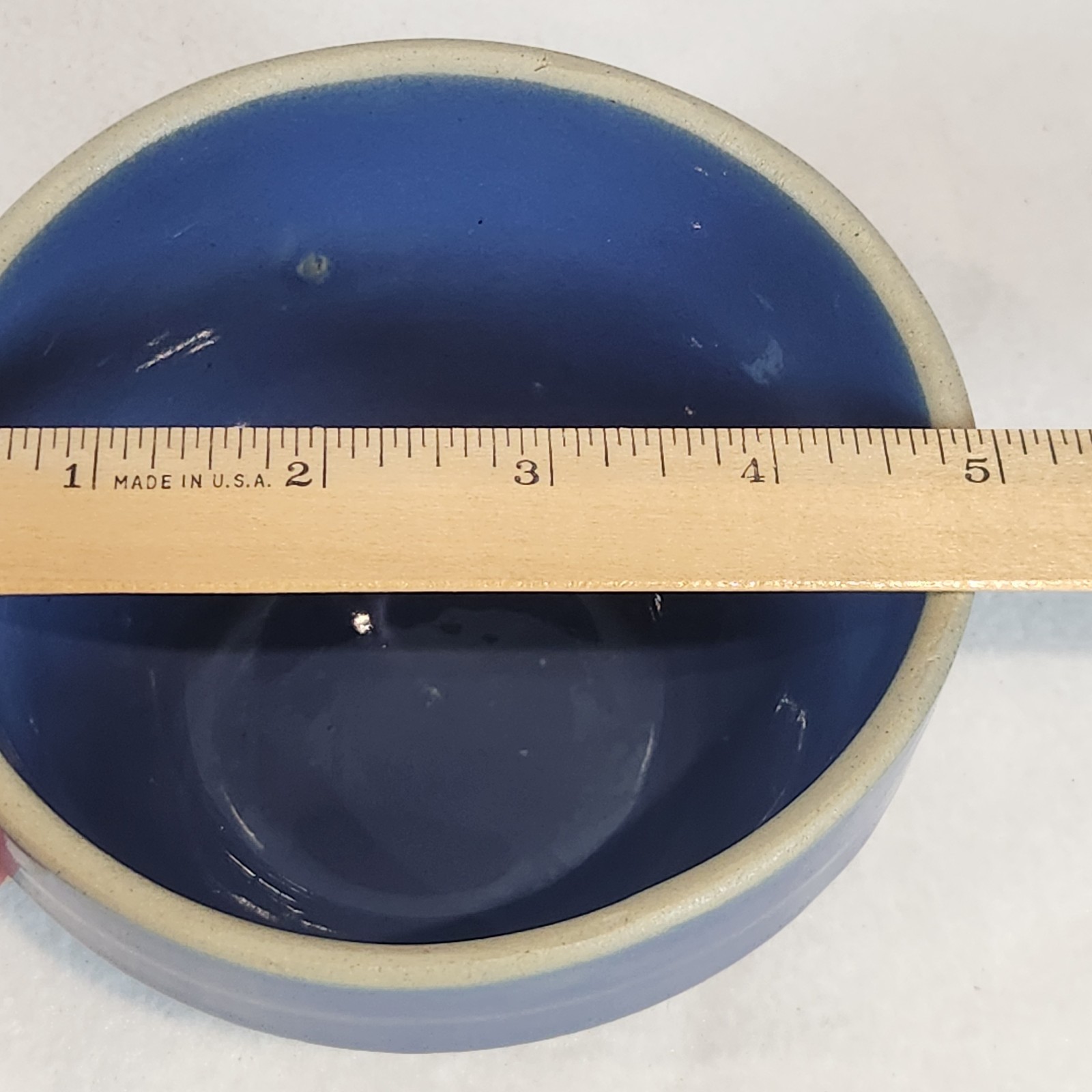 Antique Yellow Ware Cobalt Blue Dough Mixing Bowl w/ Beehive Sides 5” Wide USA
