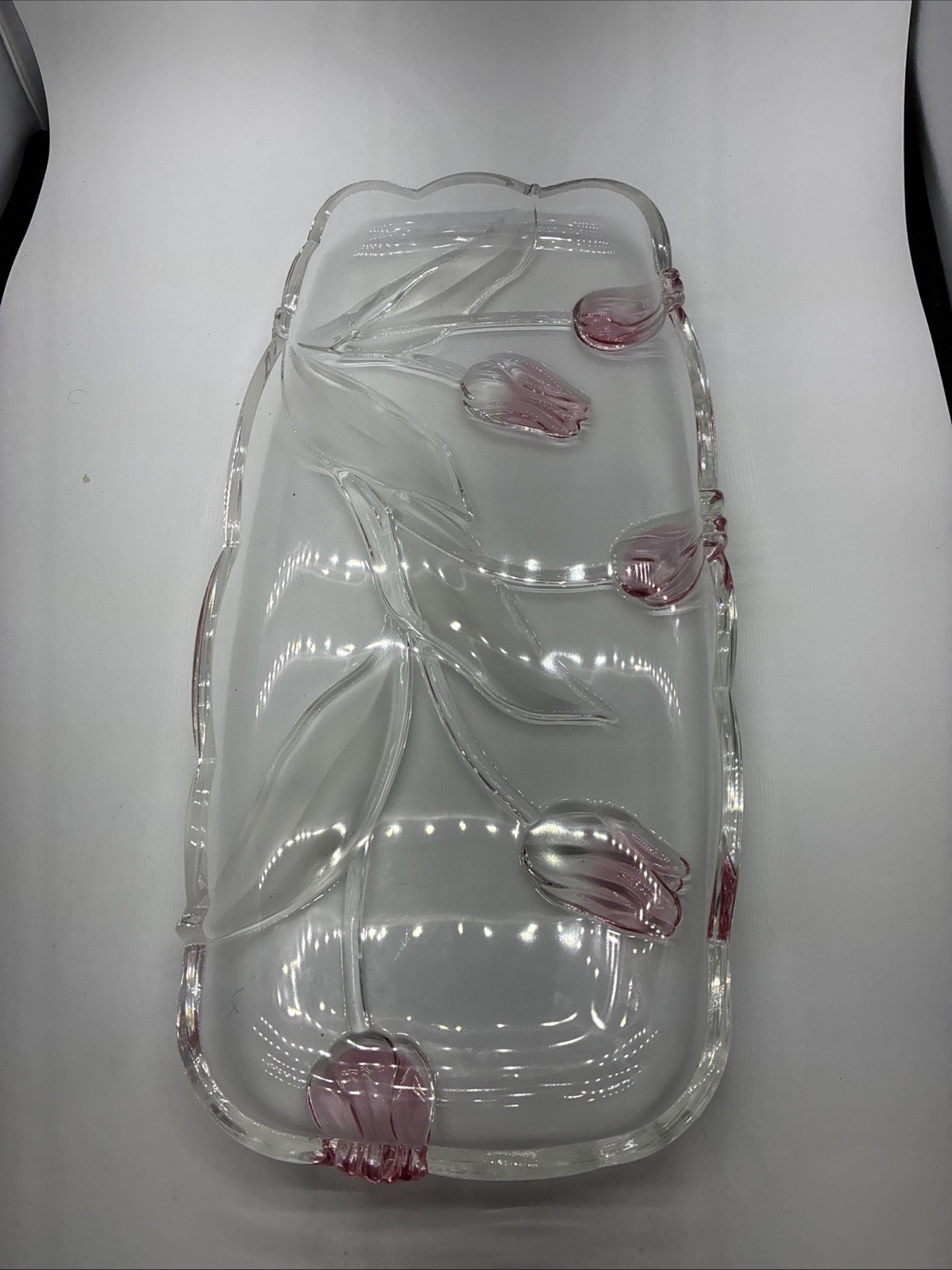 Mikasa Tivoli Tulip Rectangular Glass Serving Platter 15”X7” Pink Tulips New