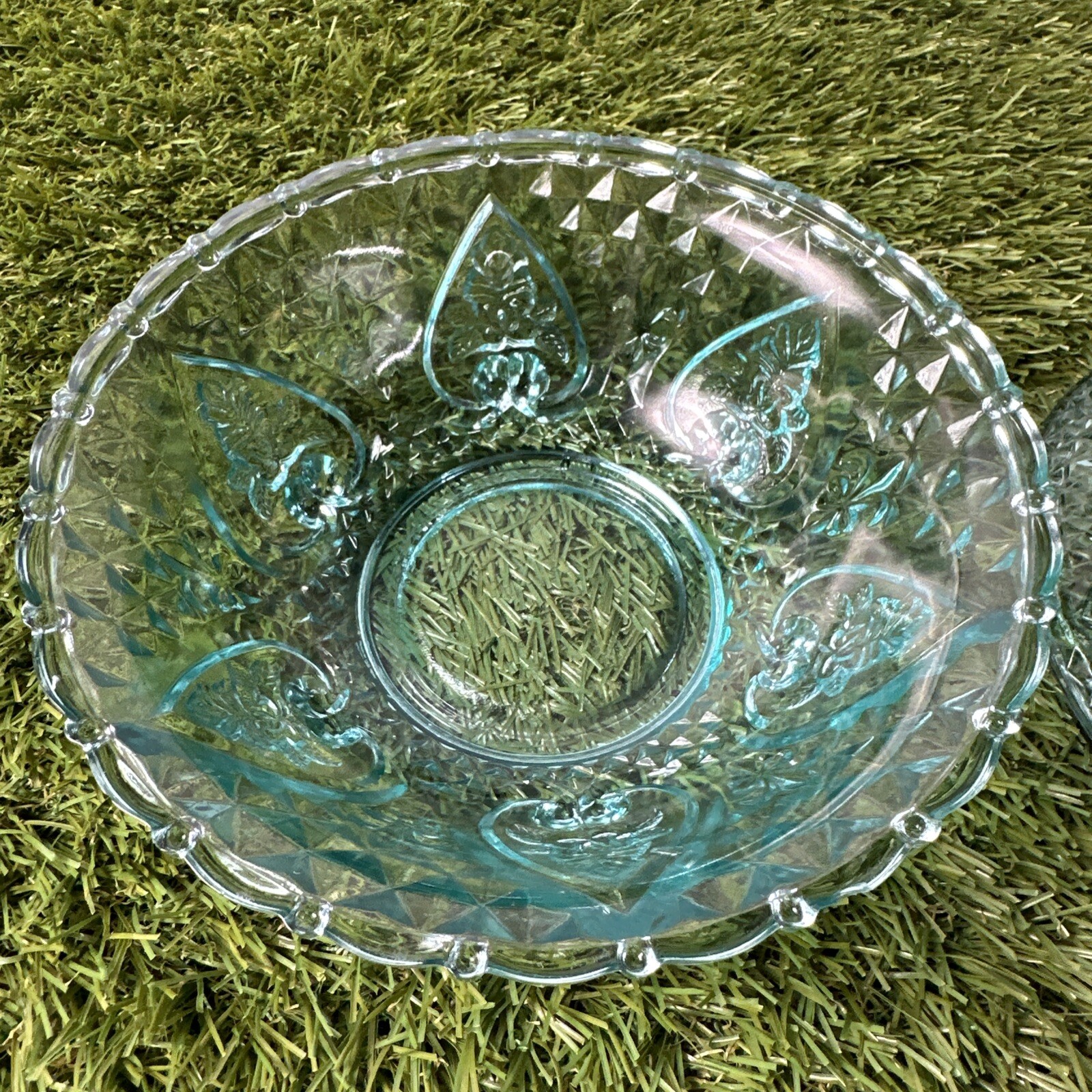 KIG Indonesia Turquoise Blue Candy Dish Pressed Beaded Glass Vintage MCM Roses