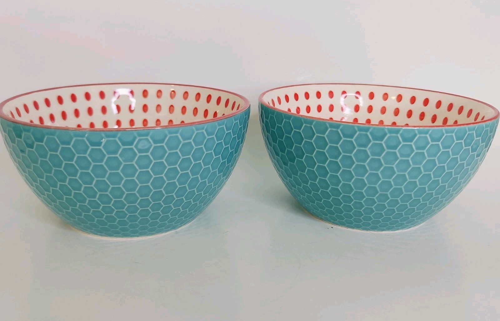 2 Pfaltzgraff Pad Print Textured Cereal Soup Bowl Turquoise Red Dots New