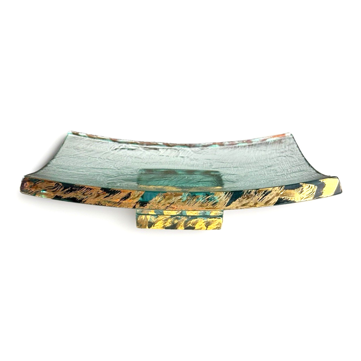 SIGNED! Vtg 1988 AnnieGlass 24K Gold 8″ Square Curved Slab Pedestal Cake Plate