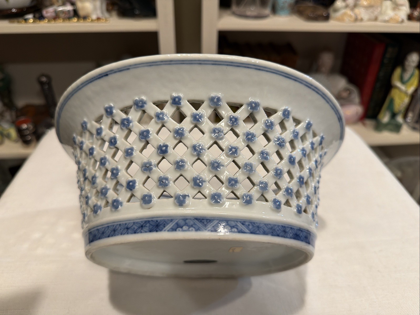 Rare Reticulated Canton Blue and White Chestnut Bowl Antique Transferware