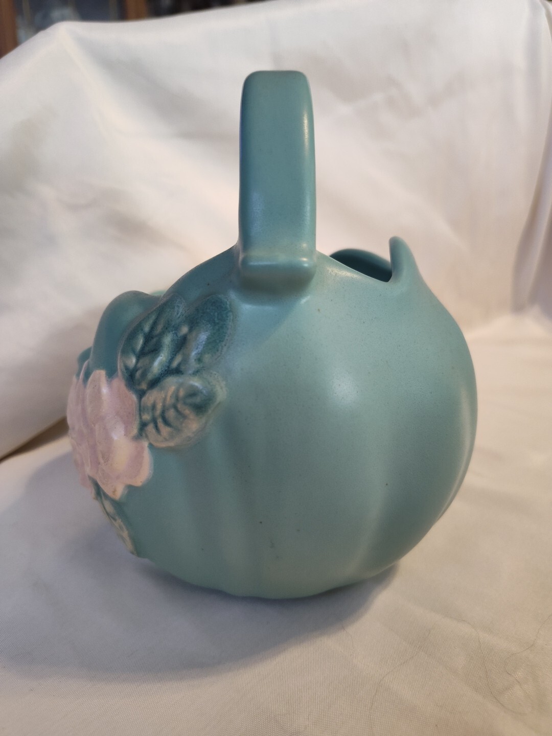Weller Pottery Wild Rose Basket Matte Green Pink Bowl