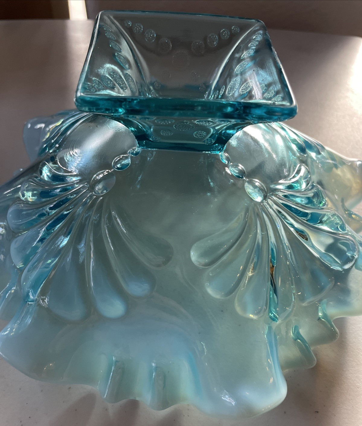 Antique JEFFERSON GLASS Shell & Dot Blue Opalescent Glass Footed Bowl c. 1905