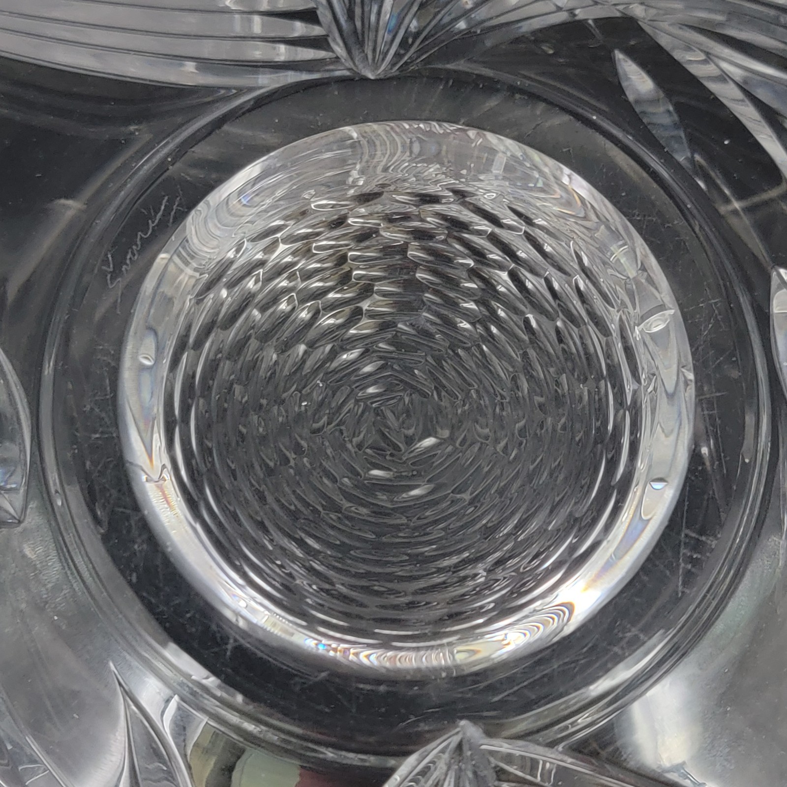 HTF Signed Josef Svarc 13.25″W Intaglio Cut Crystal Console Bowl Wheat Czech