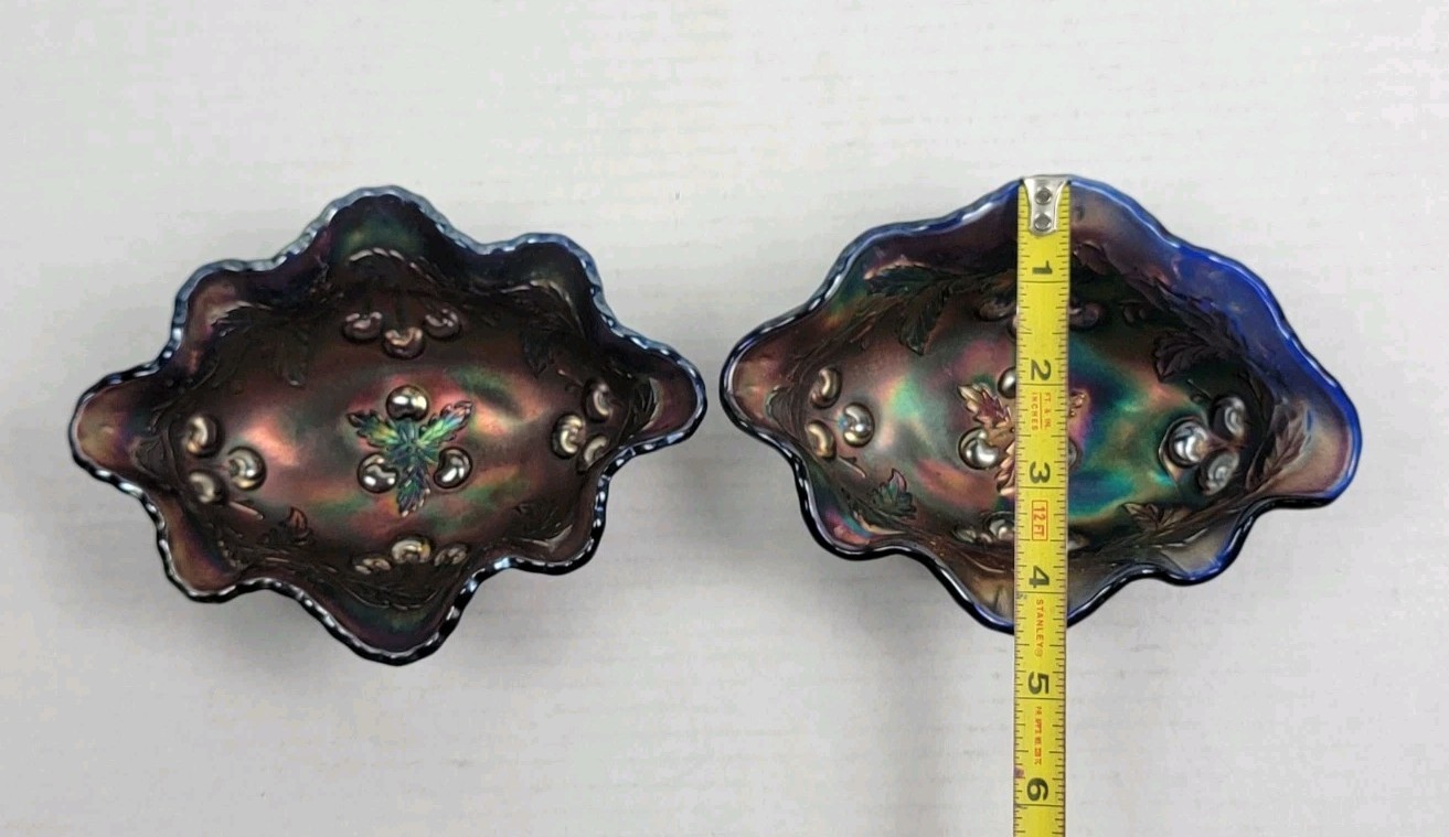 Carnival Glass Dugan WREATHED CHERRY Amethyst Oval Bowl Purple Ruffled Lot Of 3