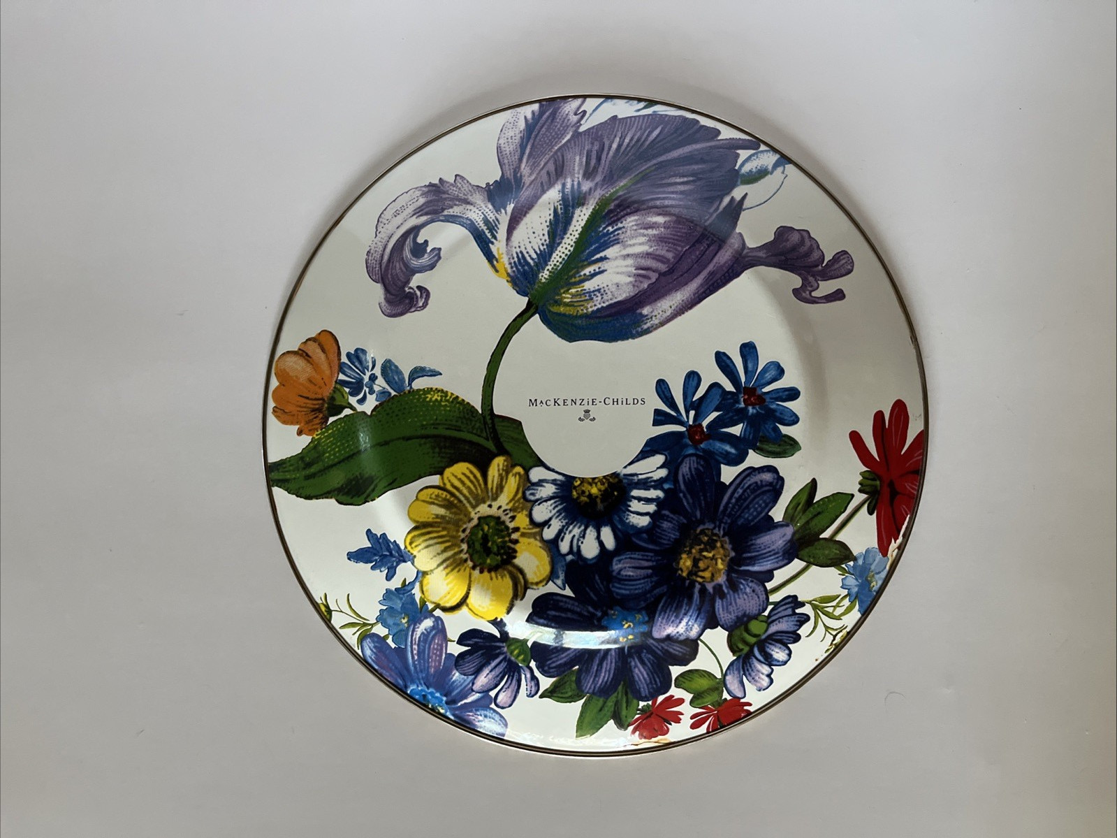 Lot Mackenzie Childs 10.25″ white flower market enamel dinner plates
