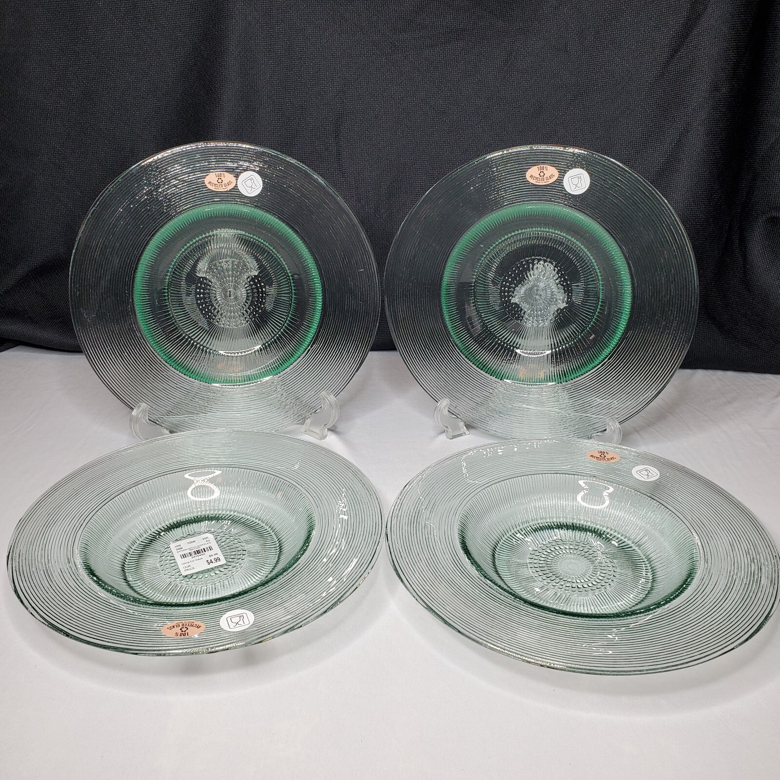 4 Recycled Spanish Glass Dinner Plates 10″ Set Wide Rim Clear Green Textured NOS