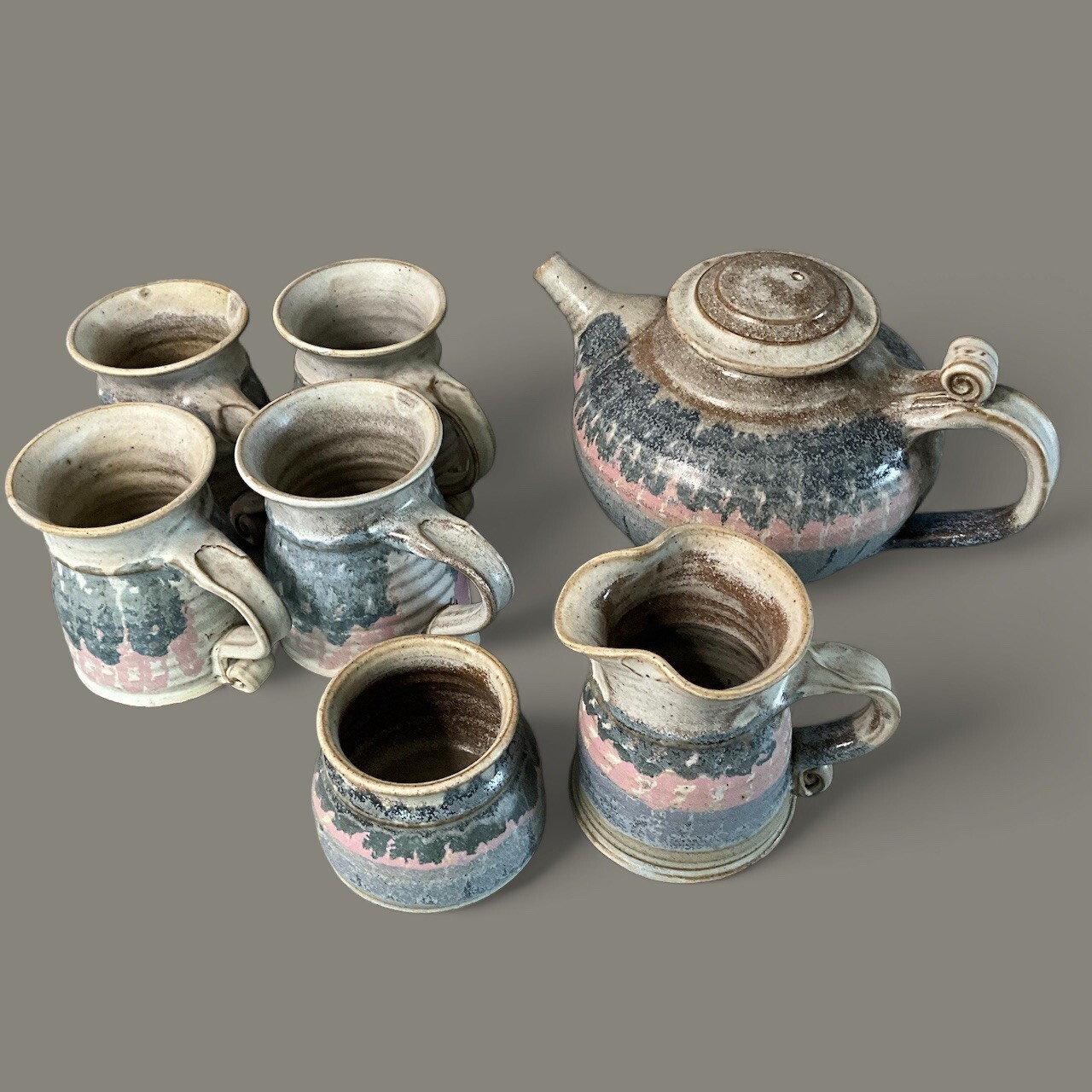 Art Pottery Tea Set 7 Piece Deborah Doran Studio Dundas Ontario Canada Pink Blue