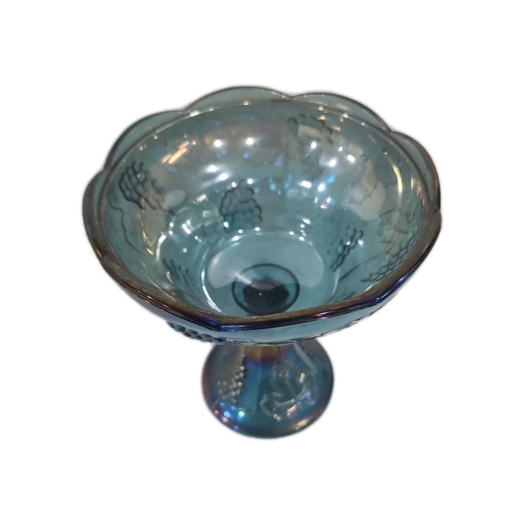 Vtg Iridescent Blue Carnival Glass Candy Dish Pedestal Bowl Grape Indiana 8″