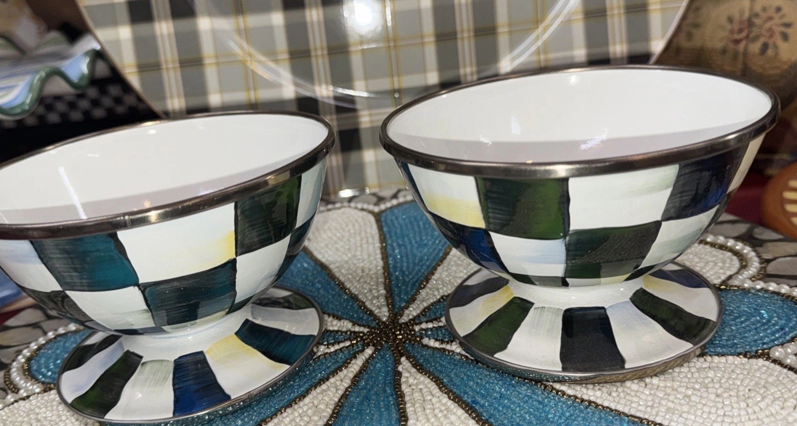 MacKenzie Childs Courtly Check Enamel Ice Cream Dish New Set Of 2