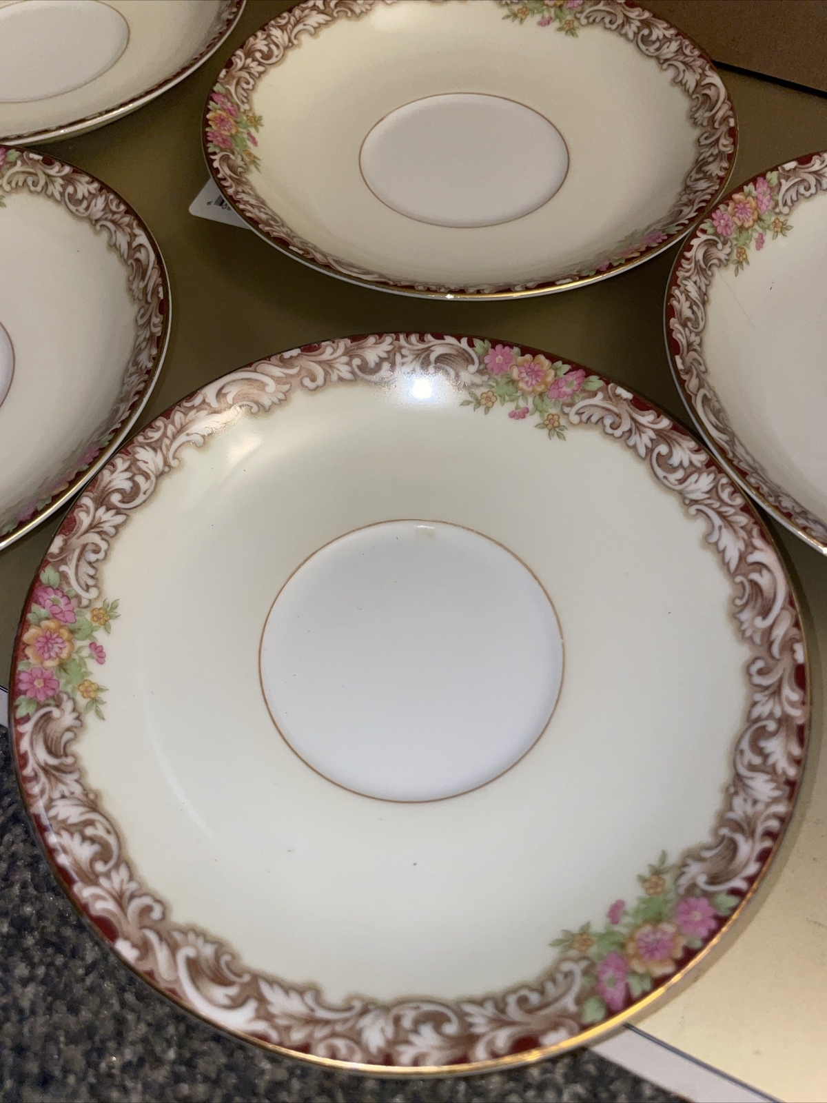 Noritake China Harmony 3906 Gold Trim, Red Brown Floral- TEACUP SAUCERS Lot Of 5