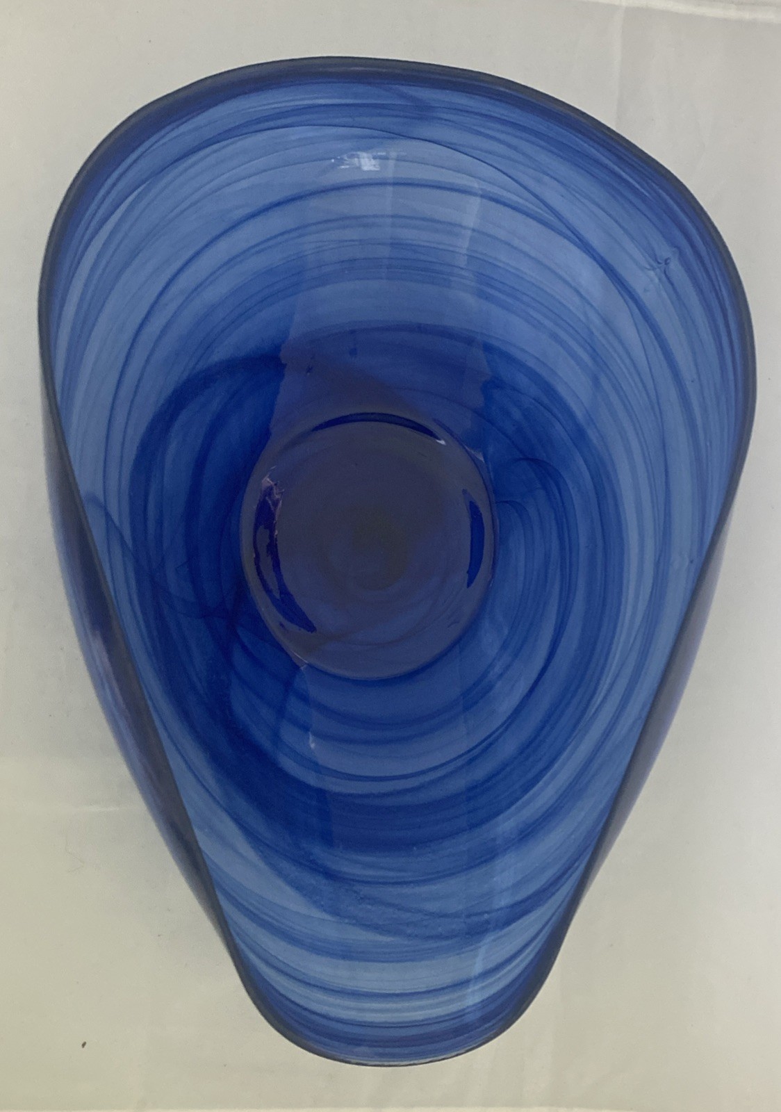 Murano Style Art Glass Cobalt Blue Swirl Asymmetrical Bowl 13 5/8″ Long