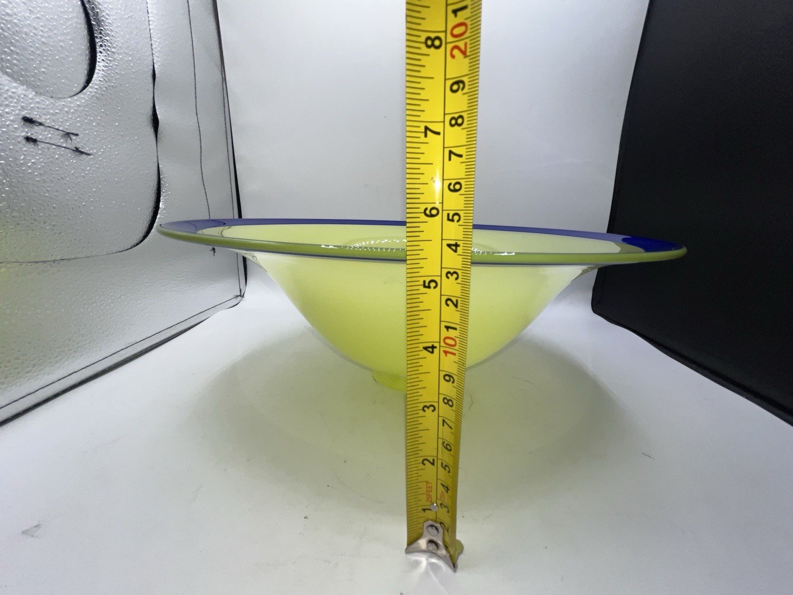 Erik Eiserling 1997 SEA Glasbruk Yellow Lime Art Glass Bowl With Cobalt Blue Rim