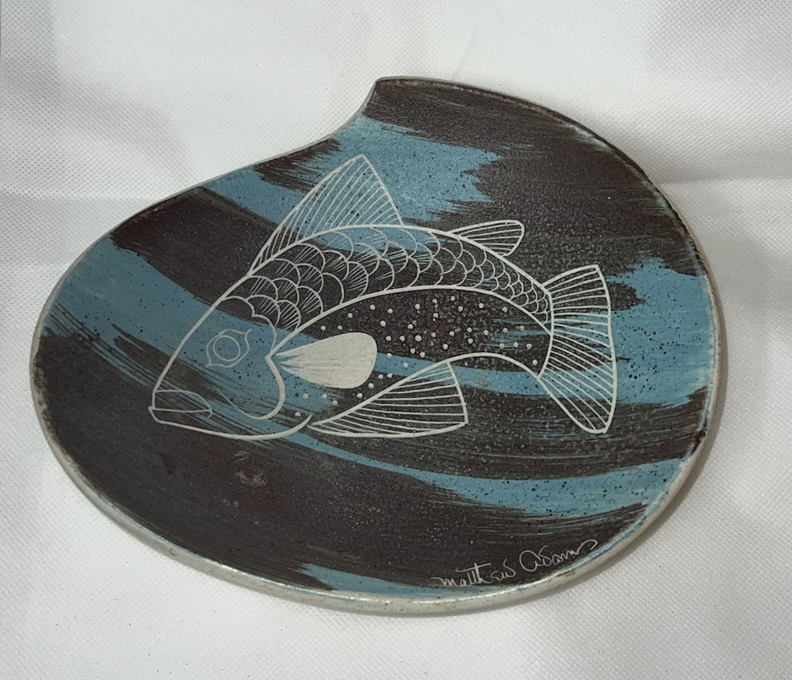 Vintage Asymmetrical Decorative Bowl Signed Matthew Adams MCM Salmon Fish Design