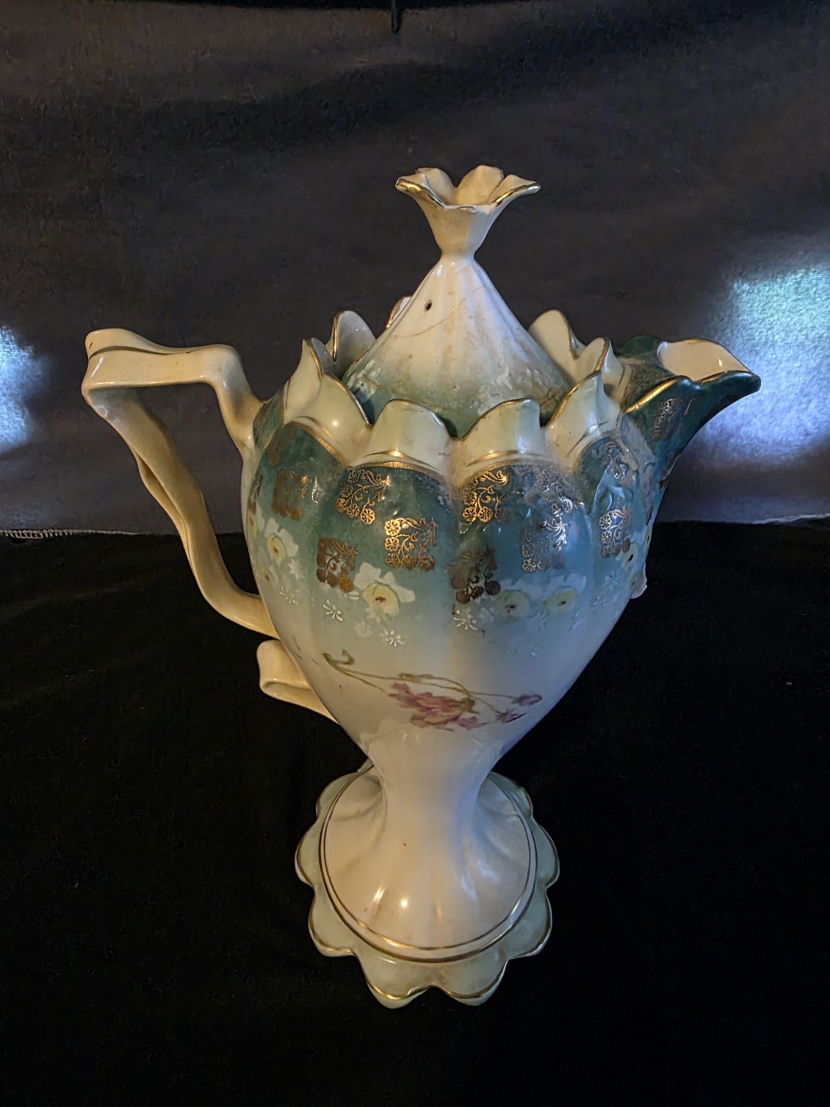 Vintage RS Prussia Red Mark Chocolate Pot Green Floral Footed Scalloped Base