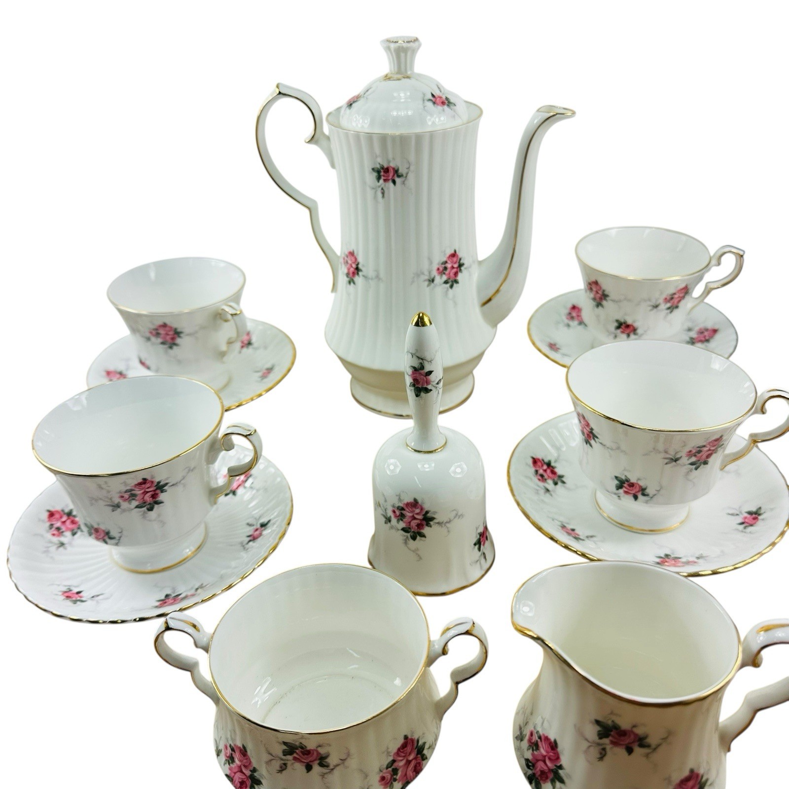 Princess Hammrsley Fine Bone China Tea Pot Creamer Sugar 4 Teacups Suacers Bell