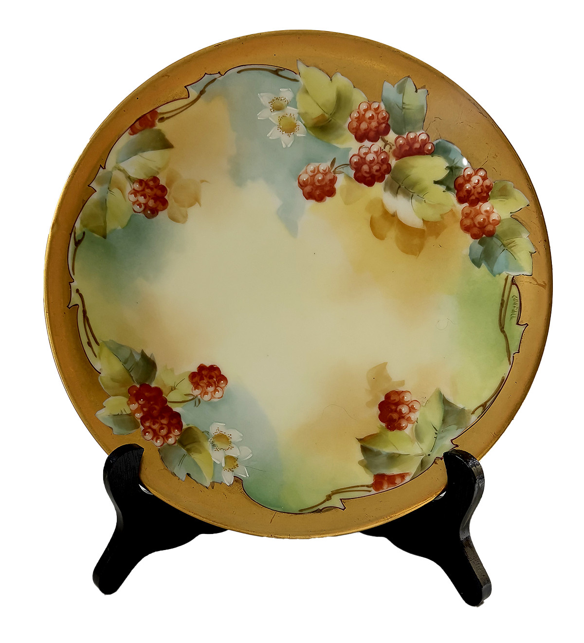 Handpainted Pickard China Plate – Raspberries, signed Coufall