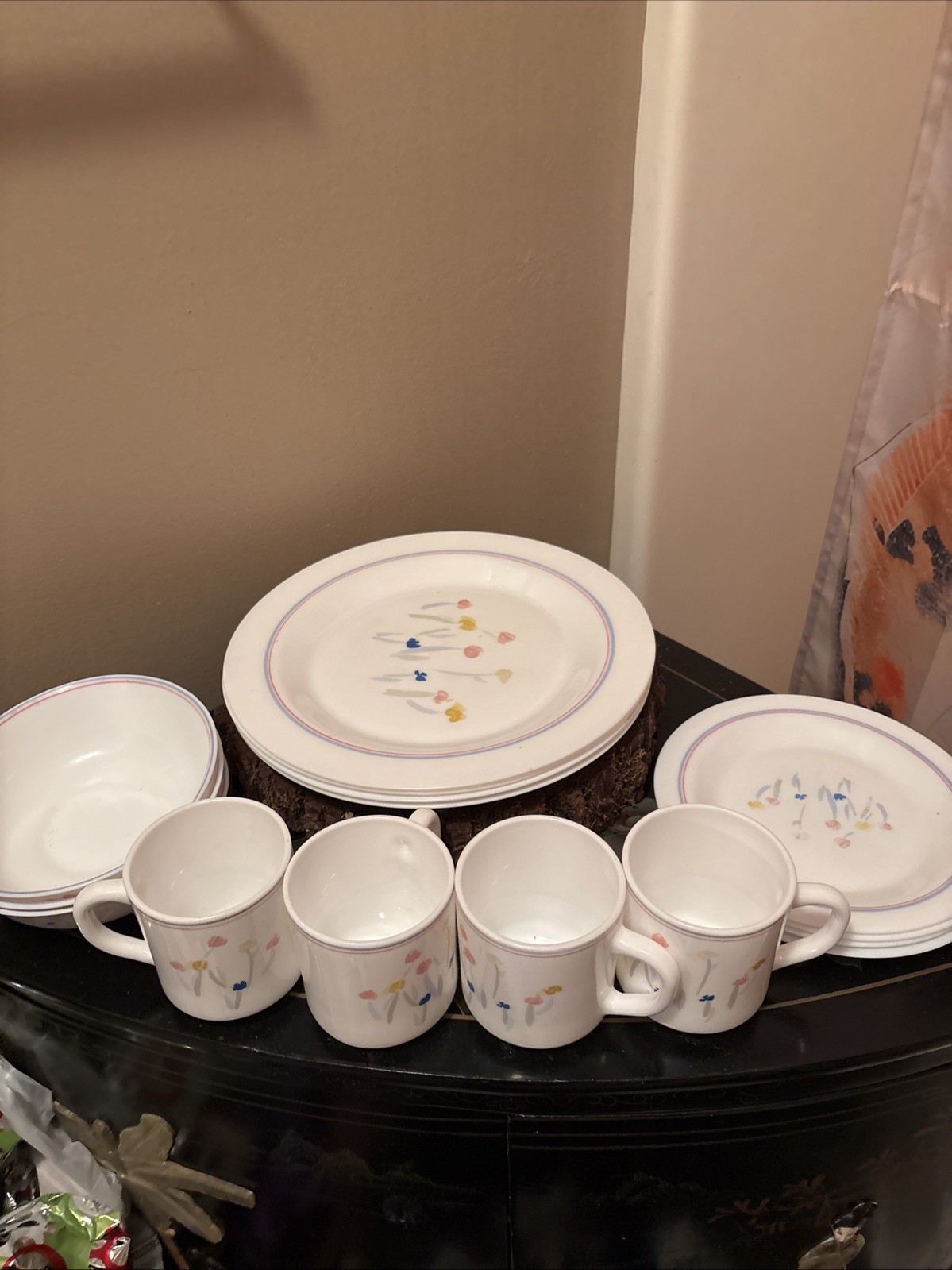 ARCOPAL France PASTORAL Vtg. Milk Glass 4 Salad 4 dinner, 3 soup bowls 4 Mugs