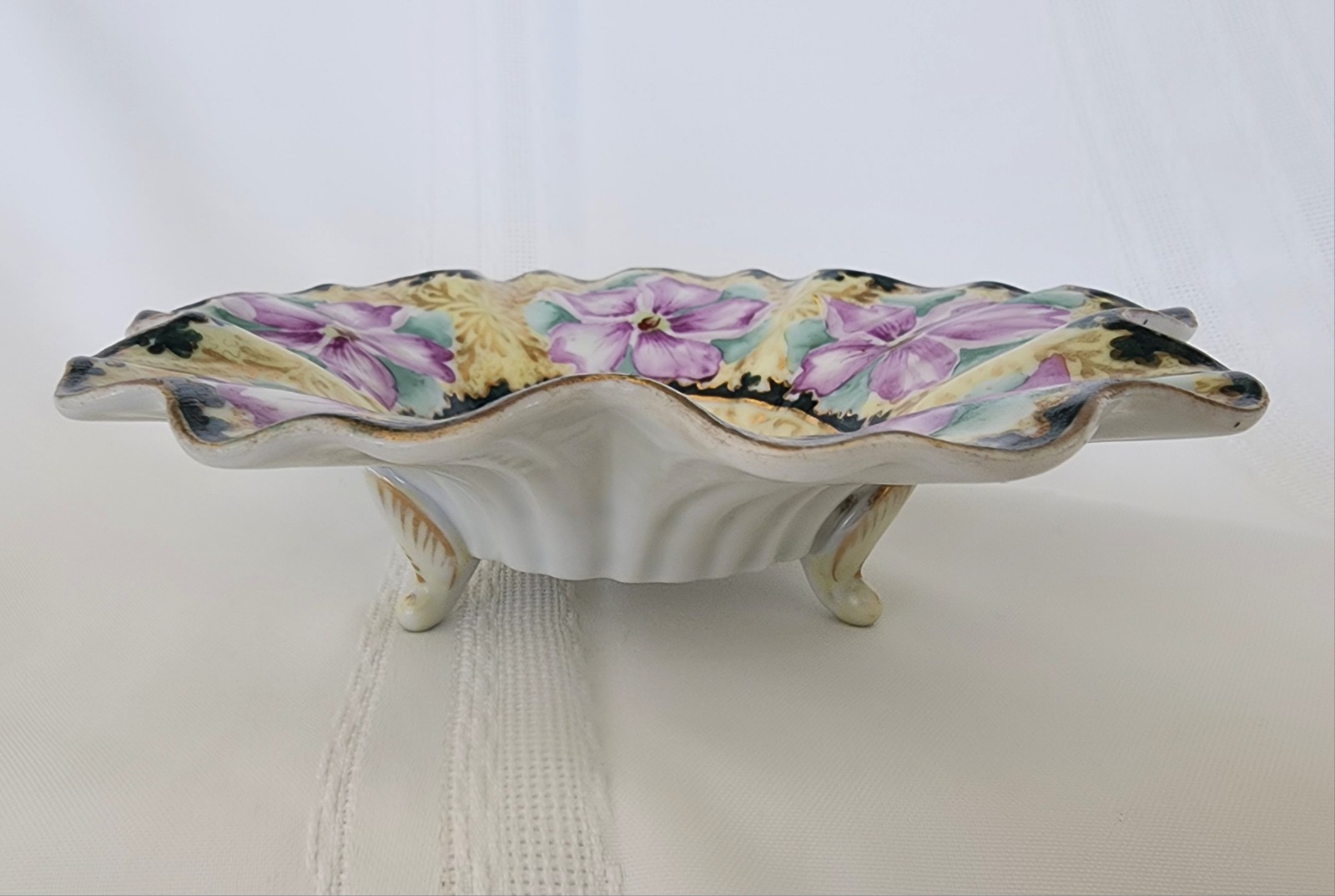 Antique Porcelain Hand Painted Purple & Gilded Floral Ftd Scalloped Bowl 8×2.25