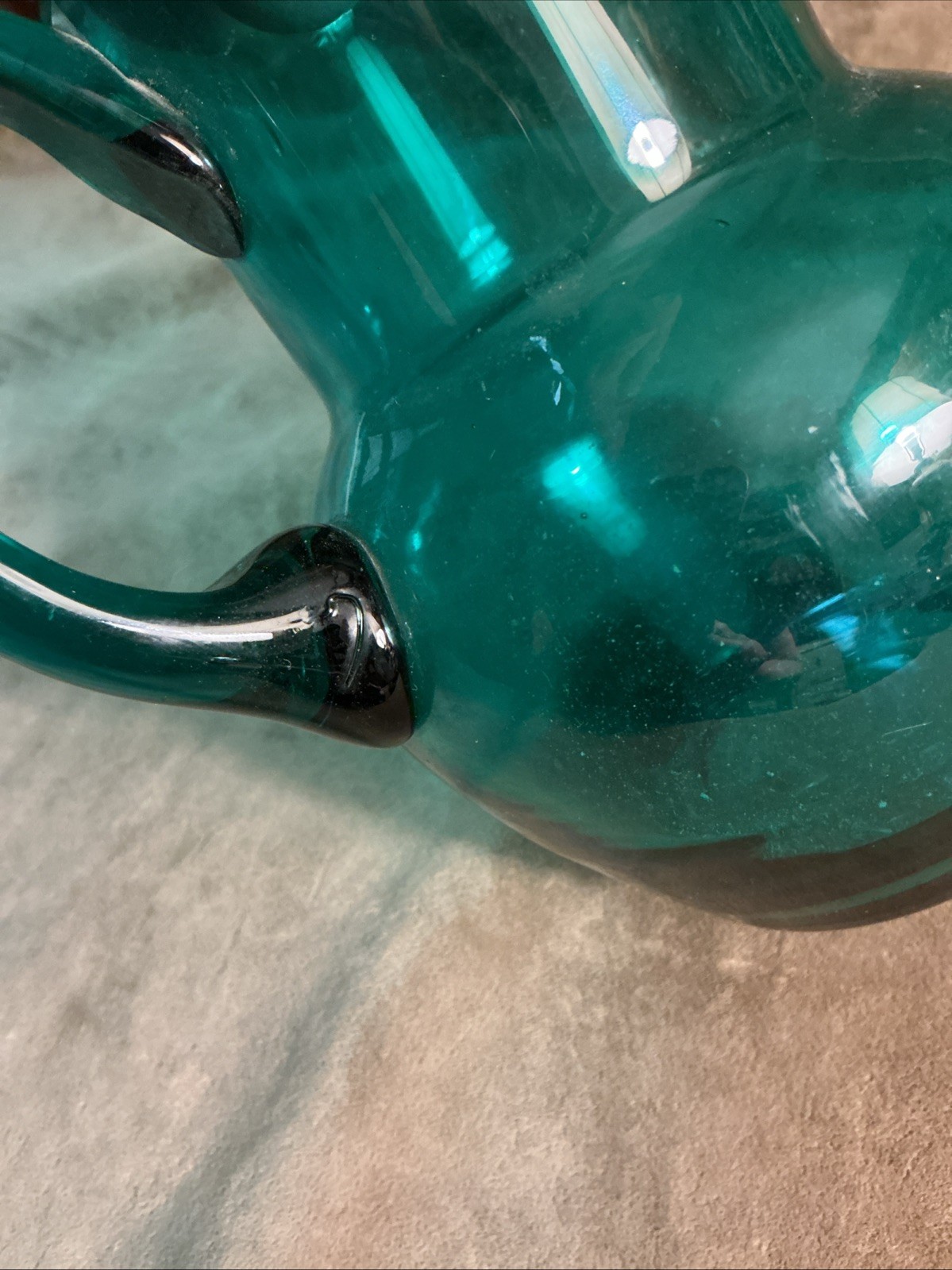 Vintage Mold Blown Glass Applied Handle Dark Green Milk/Pitcher EWER Vase