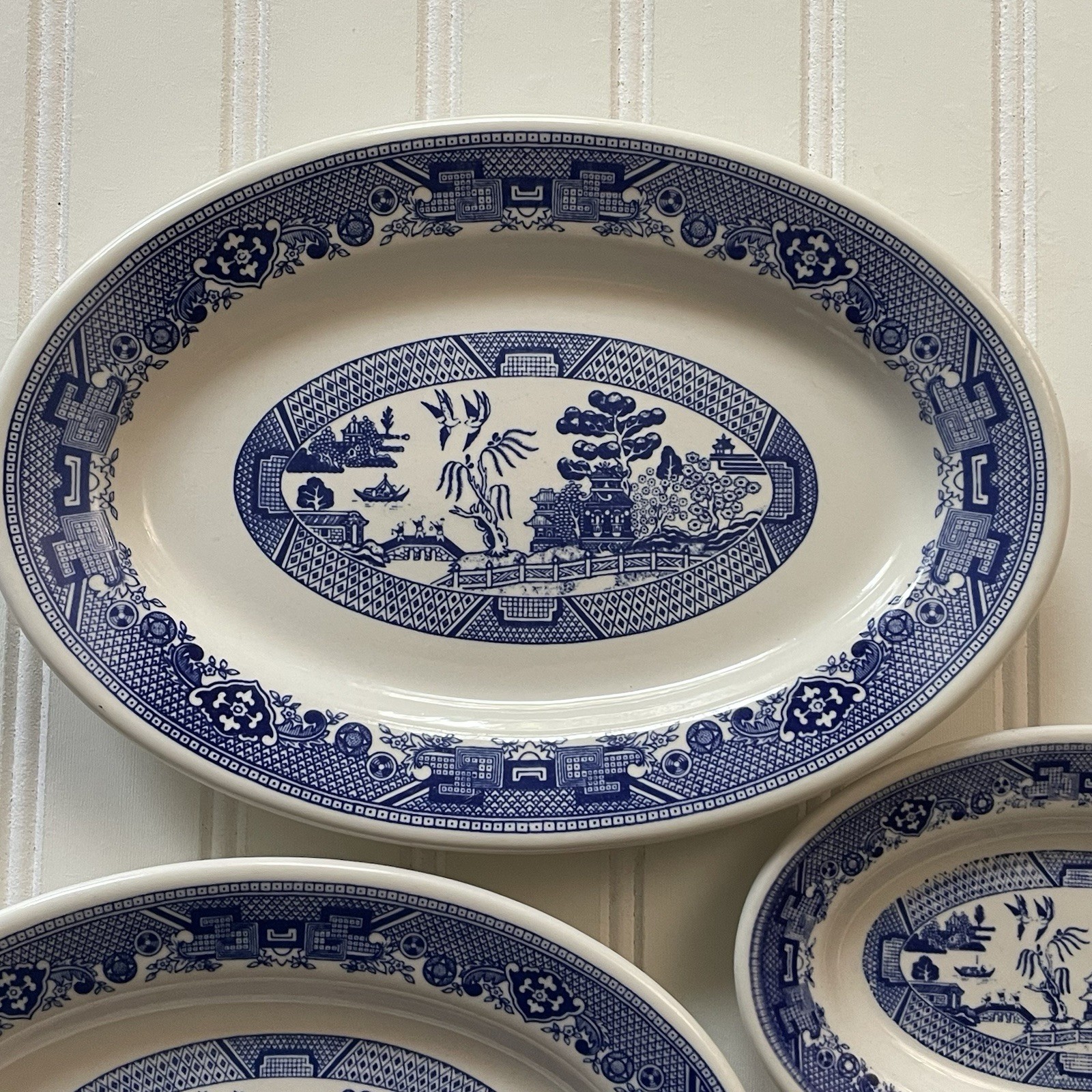Vtg Buffalo China Blue Willow Restaurant Ware Oval Platter Set 3 Serving Plates