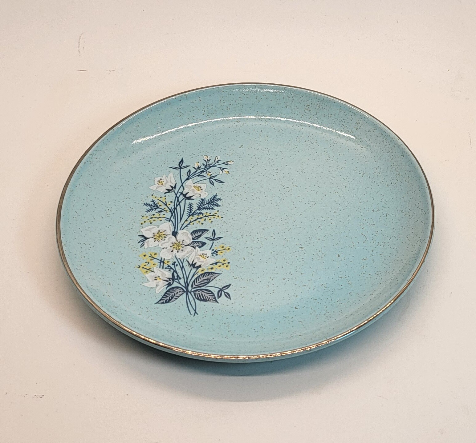 Vintage MCM Salad Bread Plate Lt. Speckled Blue Floral Silver Rim 6.5″ Gorgeous