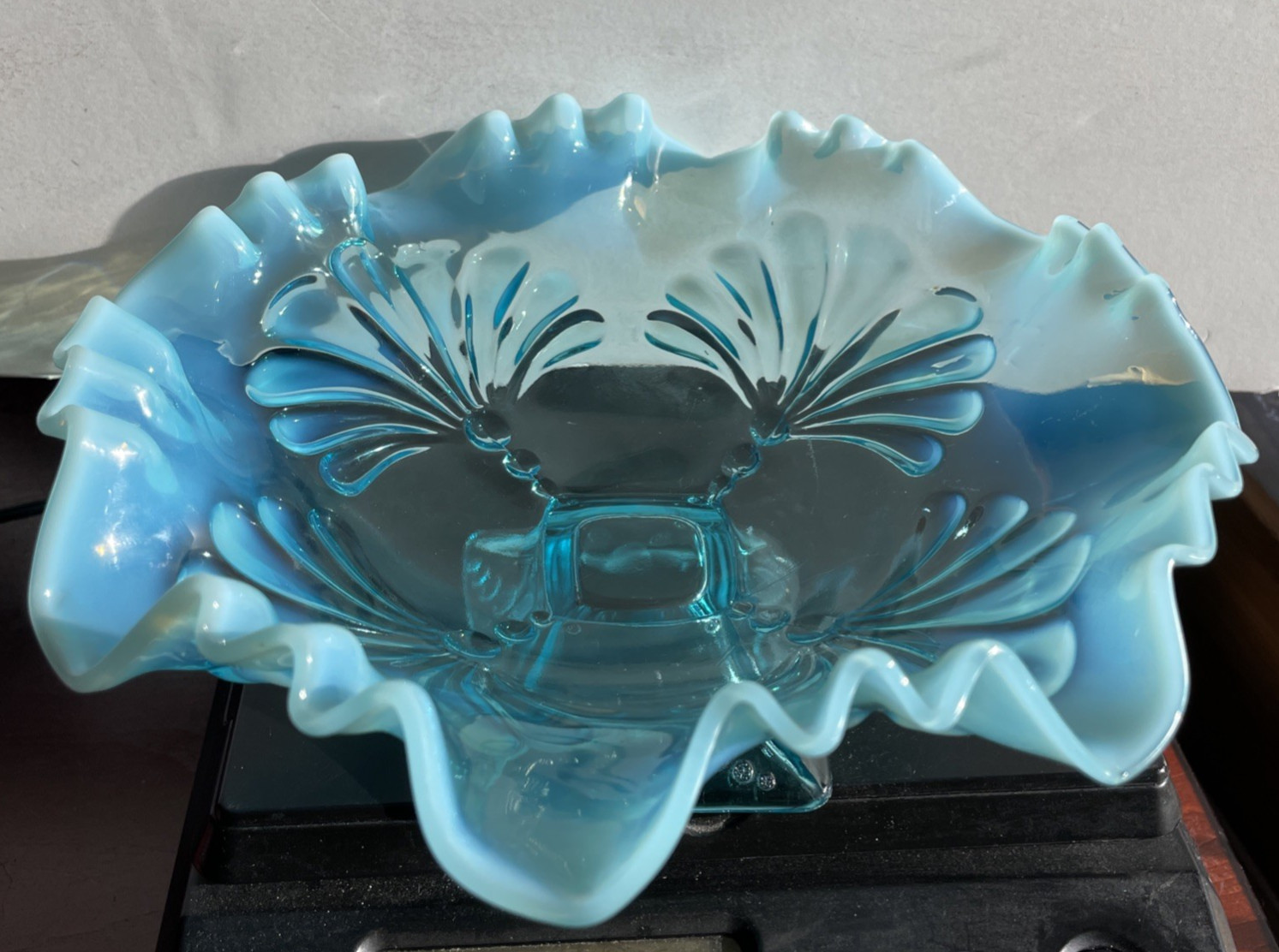 Antique JEFFERSON GLASS Shell & Dot Blue Opalescent Glass Footed Bowl c. 1905