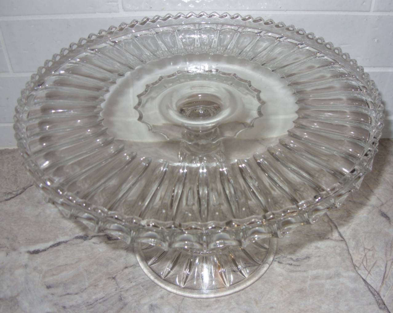 Vintage Clear Glass Bryce McKee US Glass Saw Tooth Edge Round 10″ Cake Stand HTF
