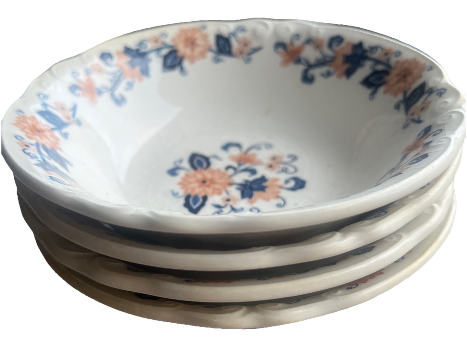 Vintage Nikko Japan Ironstone “Blue vineyard” Peach And Navy Floral Dinner 15 Pc