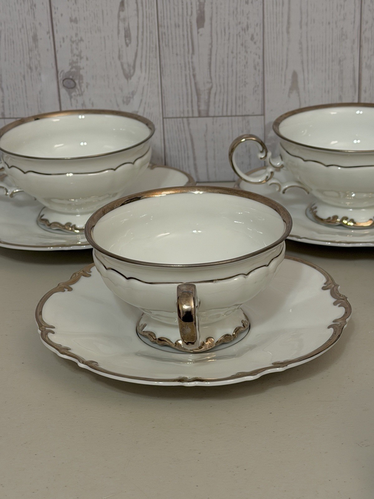 VINTAGE SET OF 6 HUTSCHENREUTHER REVERE SYLVIA CUPS & SAUCERS SILVER PLATINUM