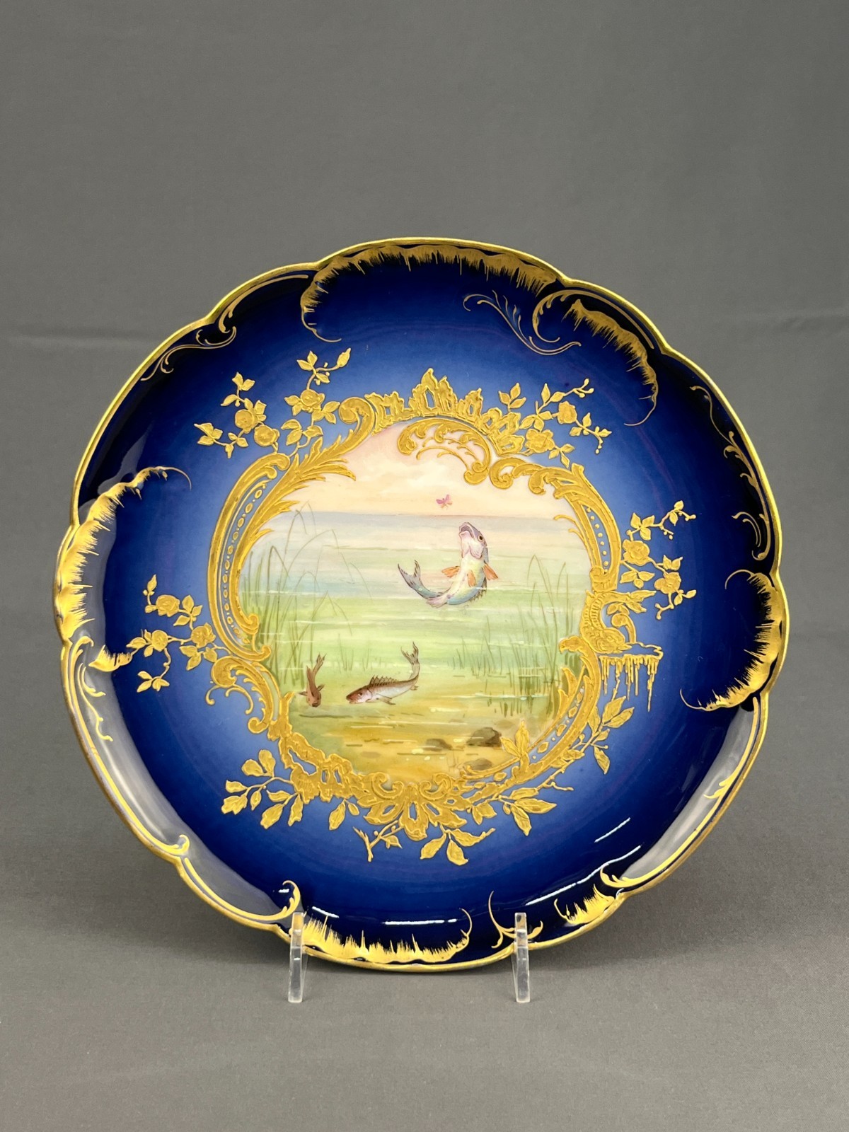 5 Haviland & Co. Hand-Painted 8 ½” Bleu de Four Gilt Fish Plates c. 1876-1899