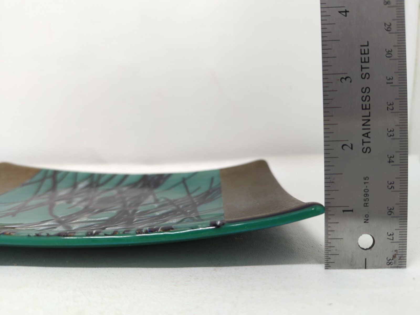 Kurt McVay Signed Fused Art Glass Iridescent Tray Green Black Bronze 9×6 Sushi