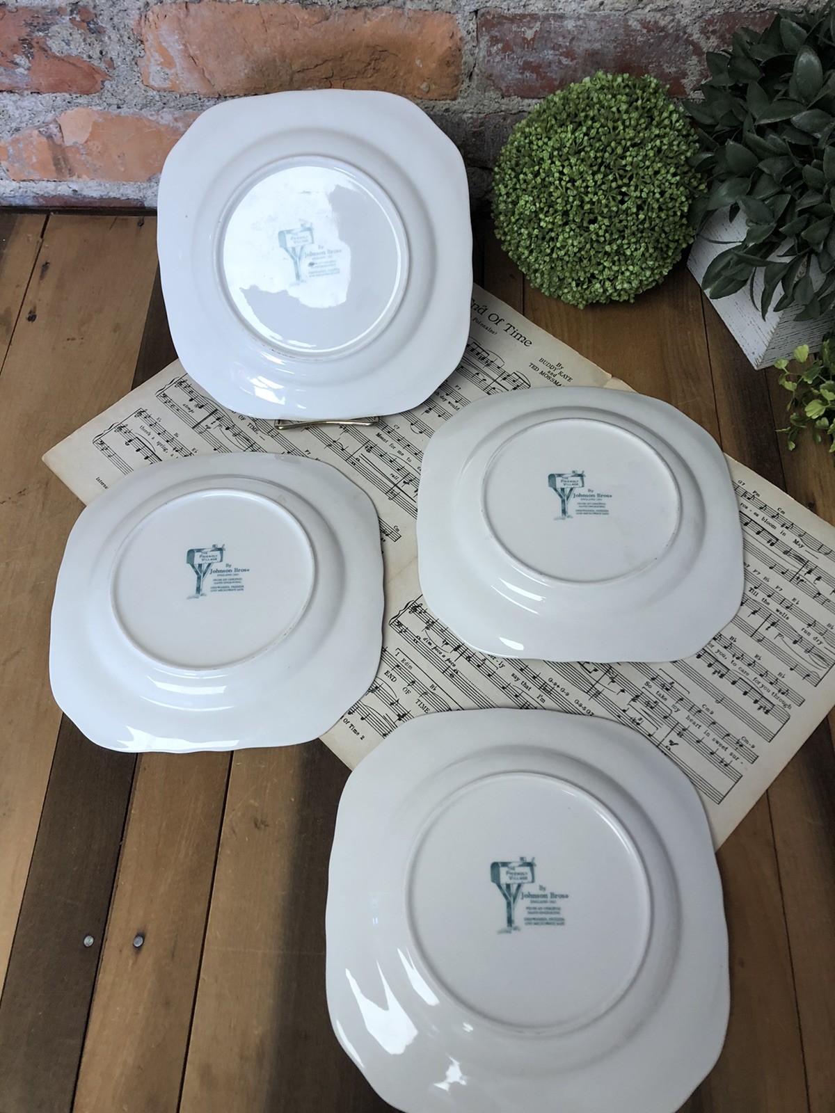 Johnson Bros The Friendly Village 4 Square Salad Plates 7.5″ Covered Bridge 1883