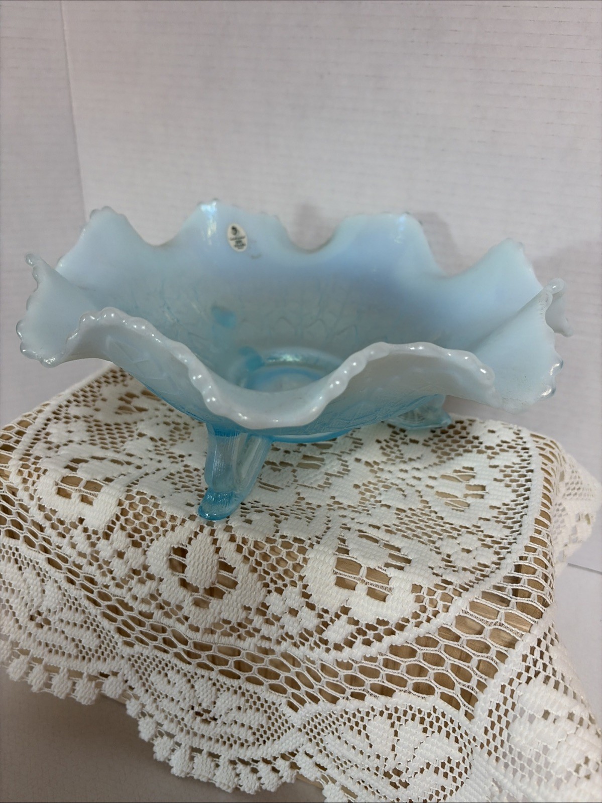 Fenton 100th Anniversary Blue Opalescent Ruffled 3ftd Bowl 11×4” RARE Sticker