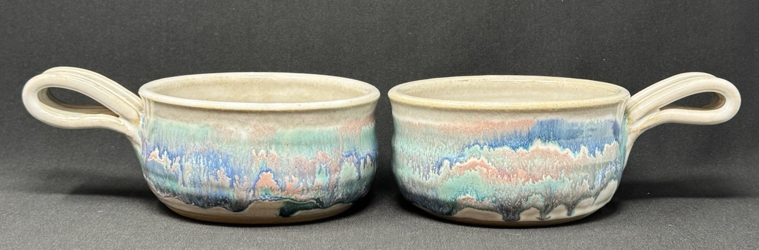 2 Small House Studio Pottery Soup Bowls ~ Drip Glaze ~ Handles ~ Sanger TX
