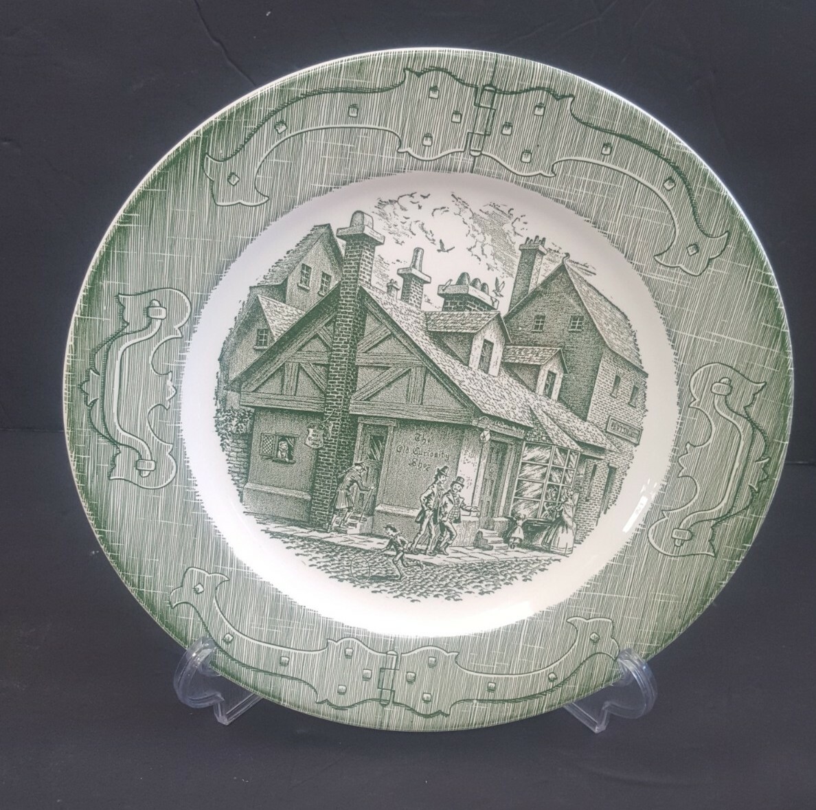 Set Of 9 The Old Curiosity Shop Green Transferware 10” Dinner Plates NOS