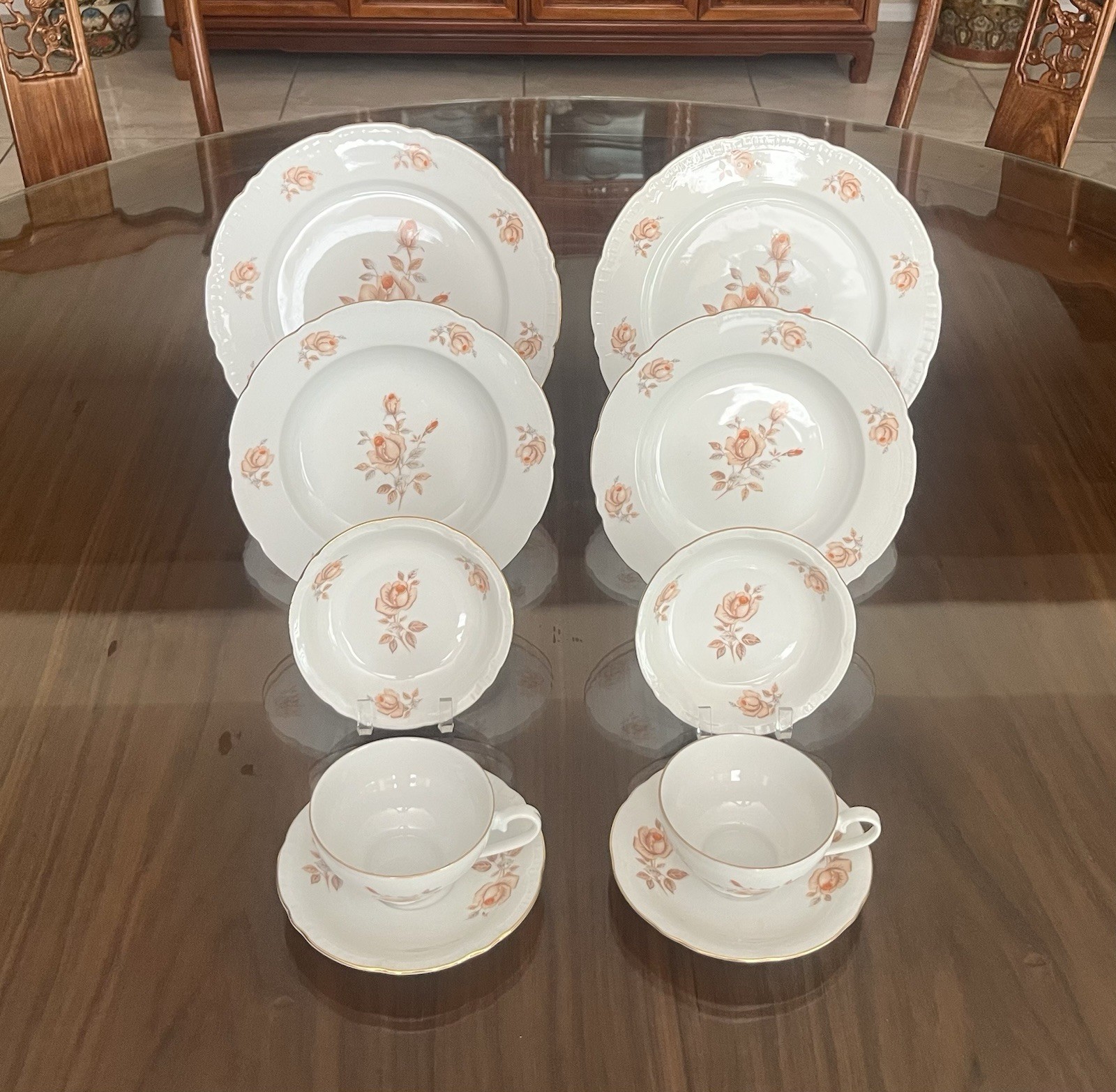 Vintage 10 Pieces Bohemian China Alpin Rose Porcelain Dining Set For 2