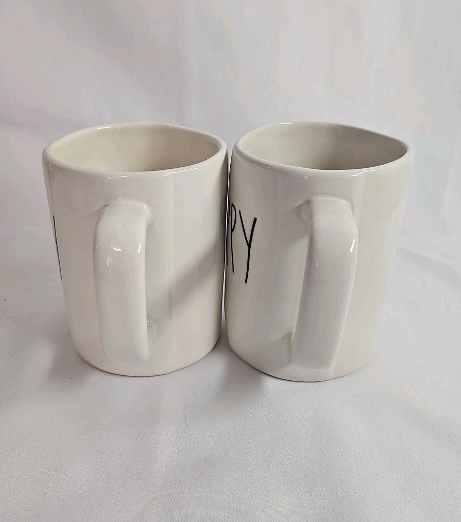 Rae Dunn “HAPPY” Set of 2 Coffee Mugs Tea Cups 16oz appx. By Magenta EUC