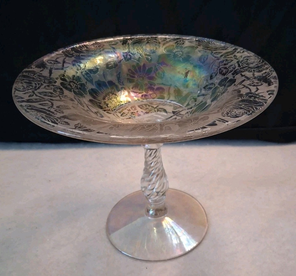 Vintage Fostoria Paradise Iridescent Brocade orchid tall compote candy dish