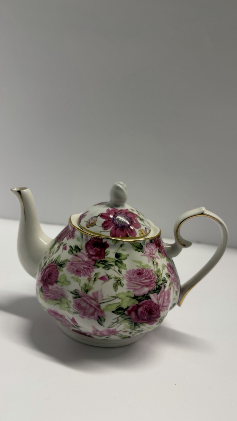 Porcelain Floral Teapot with Pink Roses Gold Trim Lid Glossy White Pink Green