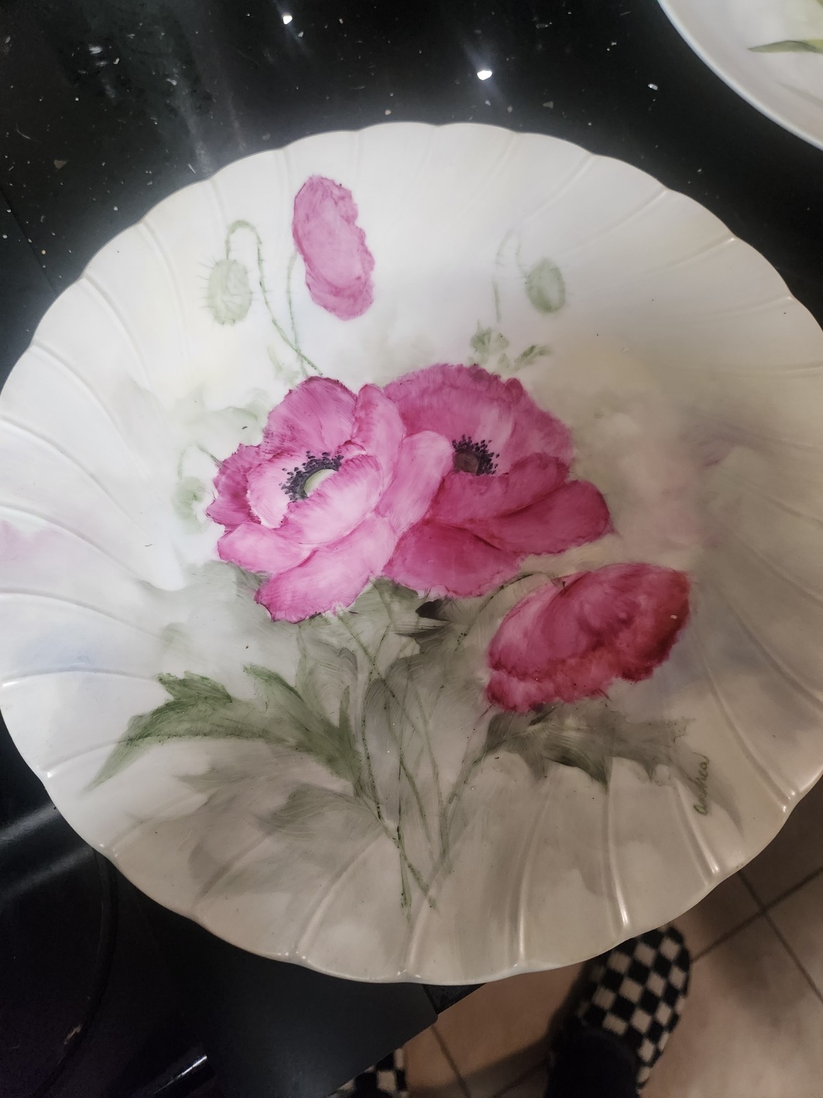 Poppy Hand Painted Plate 1 Of A Kind Pink Green White Decorative 10.5″