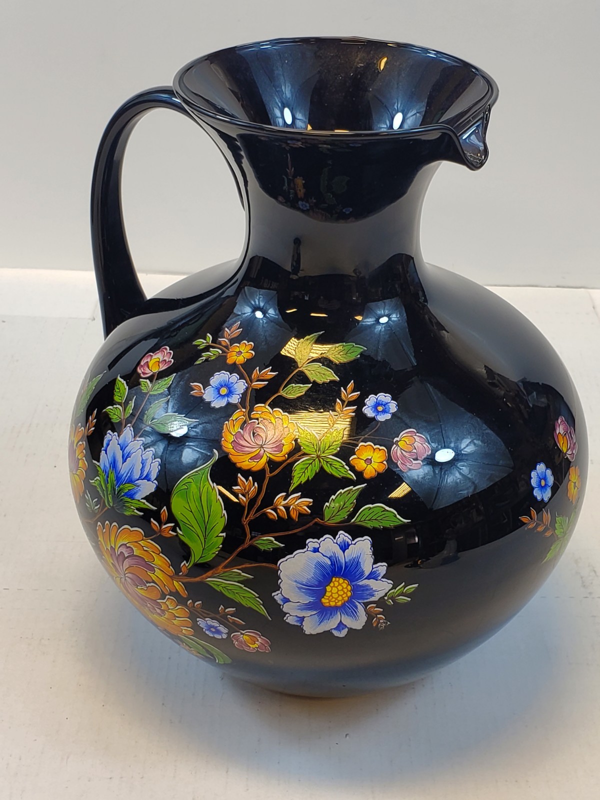 Italian Pitcher Home Decor 9.5” Tall Vintage Black Floral By Ardalt