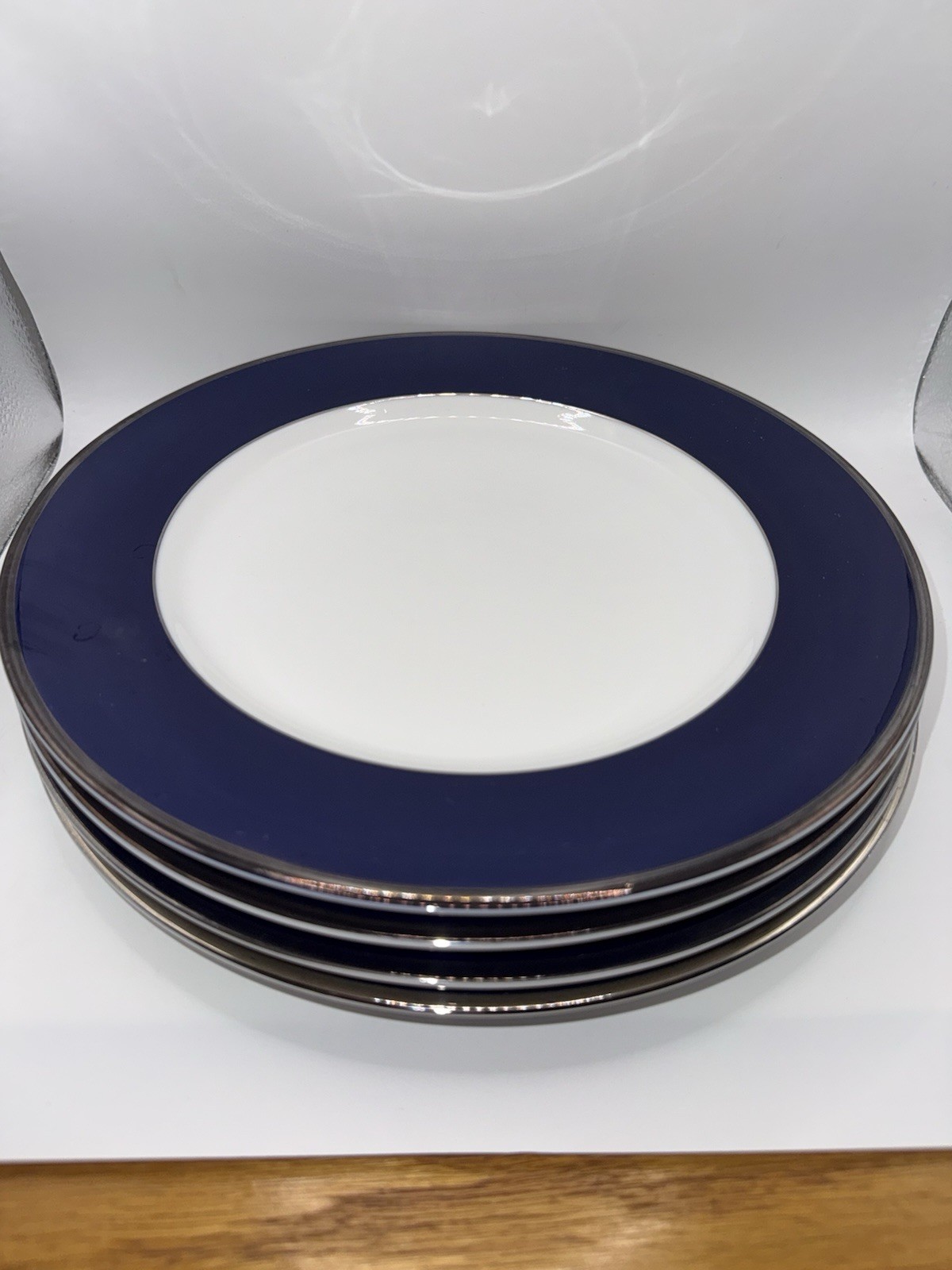 💙🩵 Crate & Barrel Platinum Cobalt Blue Dinner Plates Lot 3 Navy Silver White