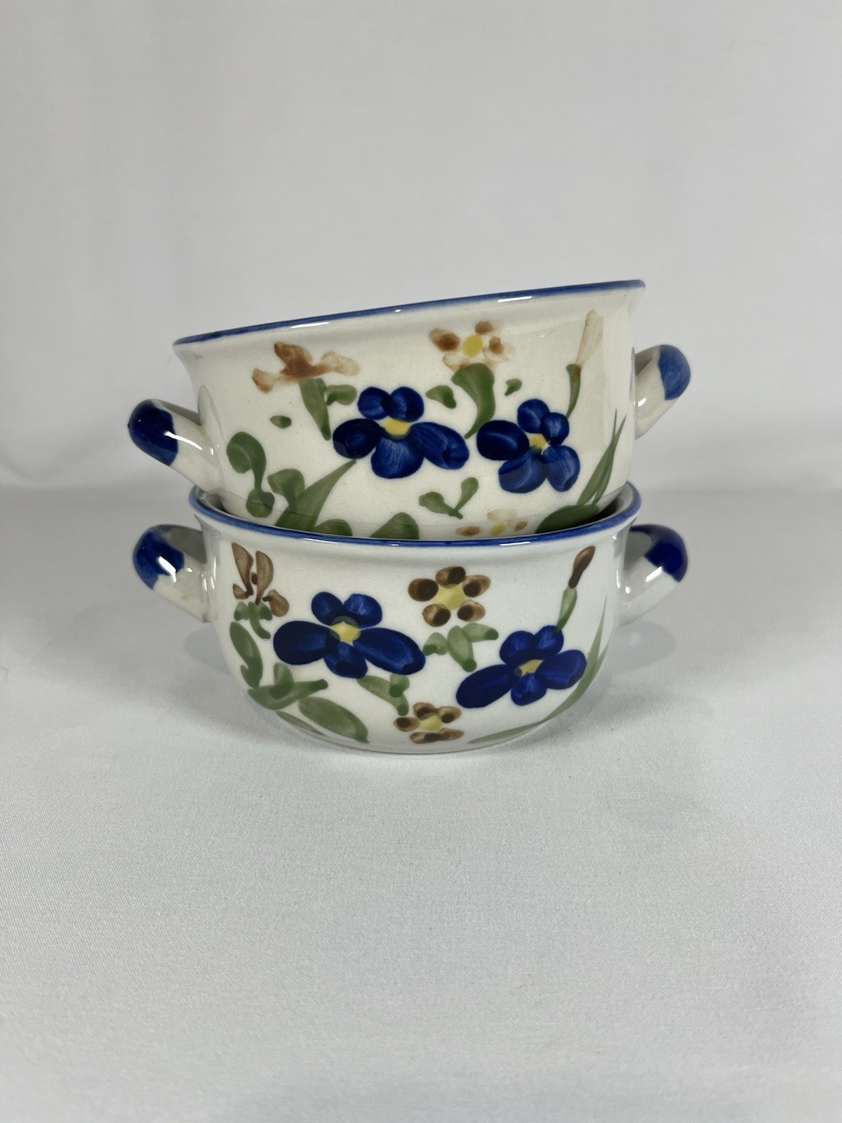 Chi Jiang China Blue Floral Stoneware Soup Bowls With Handles Set Of 2