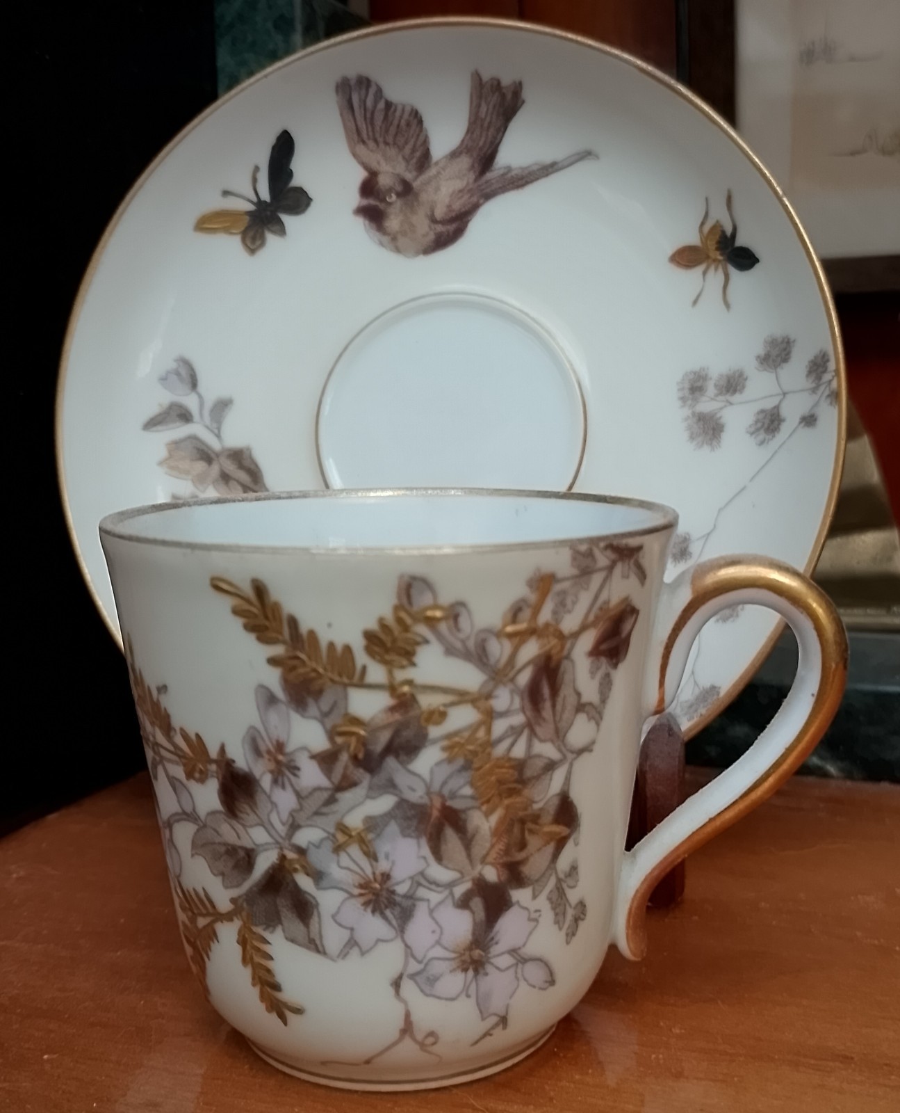 Fischer & Mieg Pirkenhammer Cup Saucer Birds BEES Hand-Painted 1890s C&S HTF